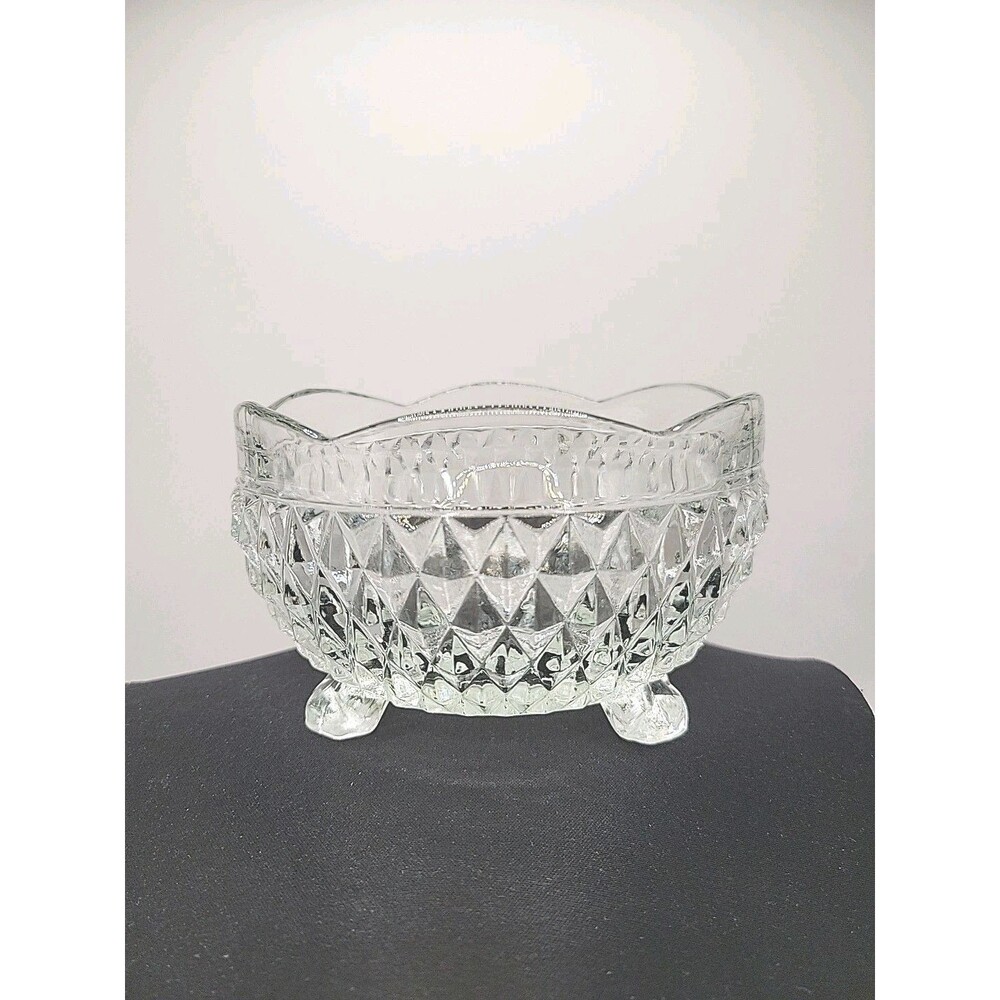 Vintage Indiana Glass Diamond Point Crystal Footed Candy Dis. Scalloped Rim. 5”